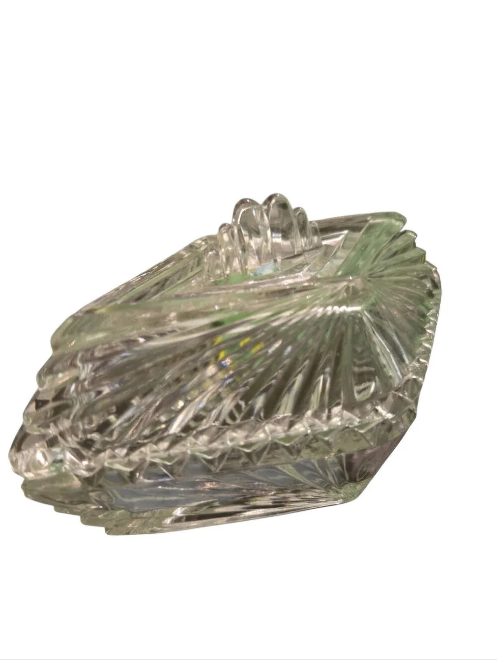 vintage Art Deco diamond-shaped ribbed glass lidded trinket with sawtooth edge.